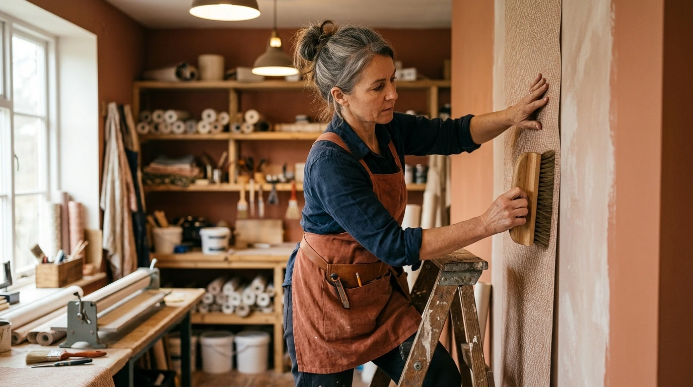 Artisan posant soigneusement un revêtement de mur