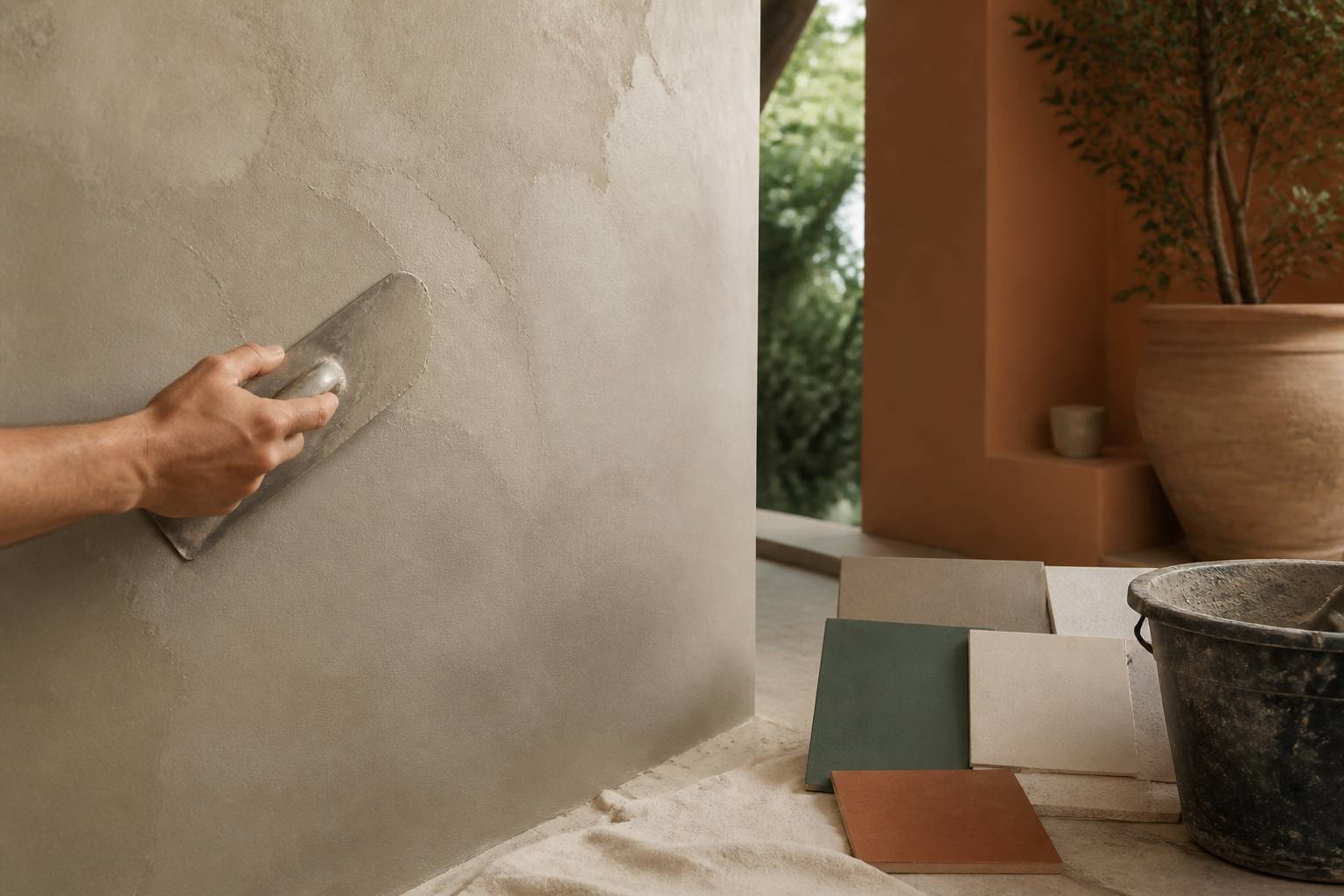 Application d enduit décoratif à la truelle sur un mur avec finition lisse