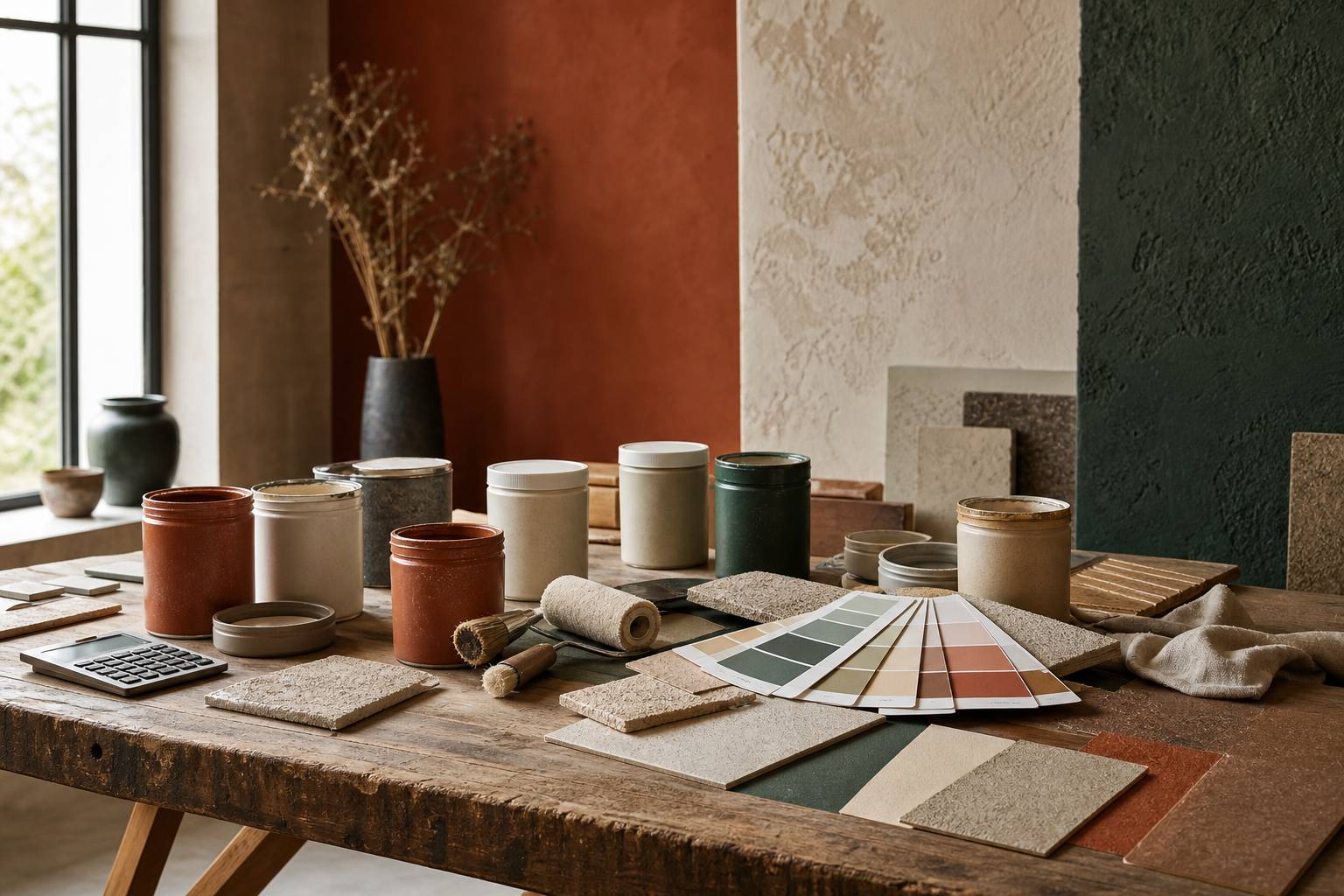 Pots peinture pinceaux nuancier et calculatrice sur table artisan renove budget