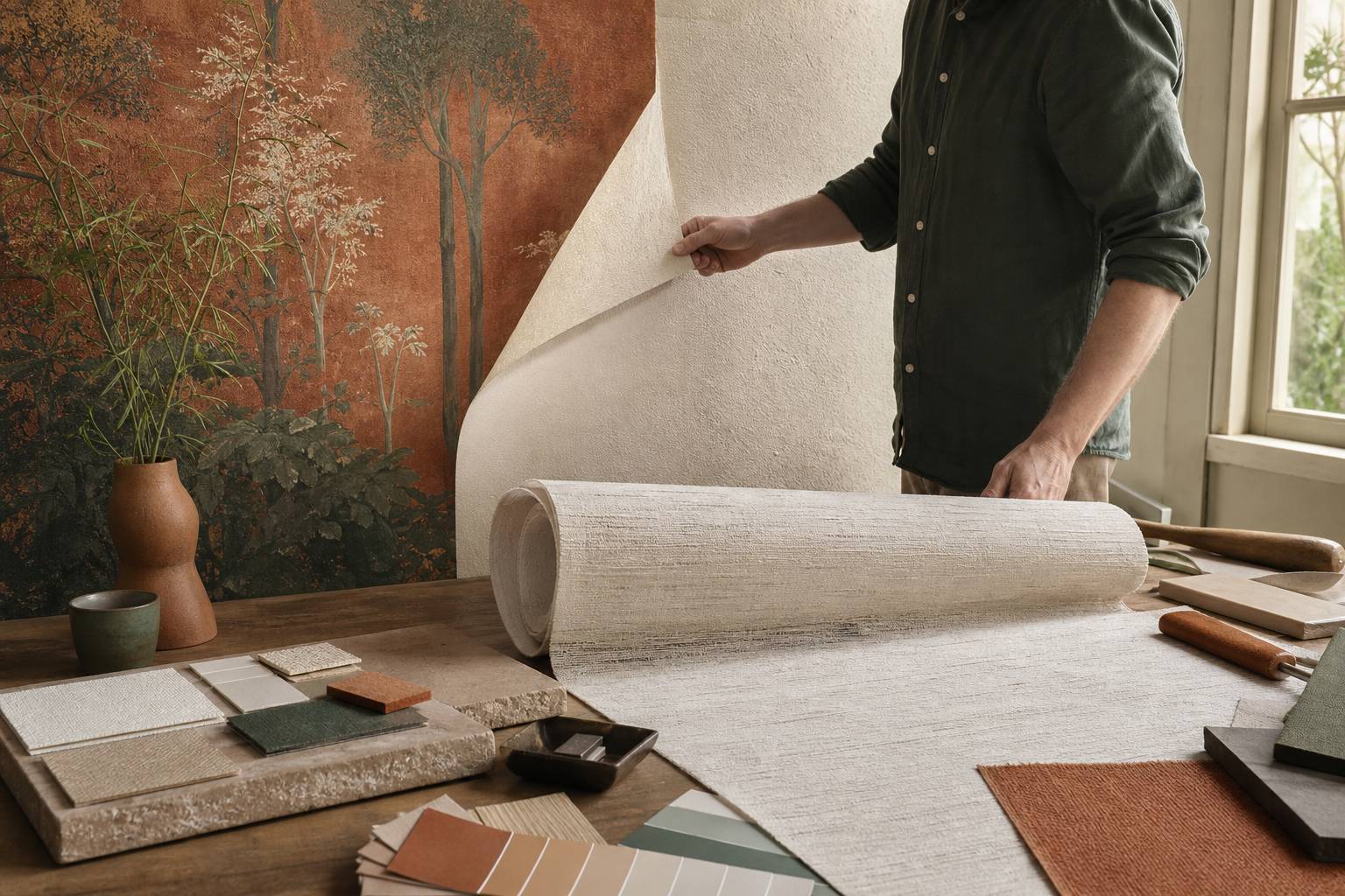 Main decollant echantillon papier peint intisse texture fibre visible sur table atelier