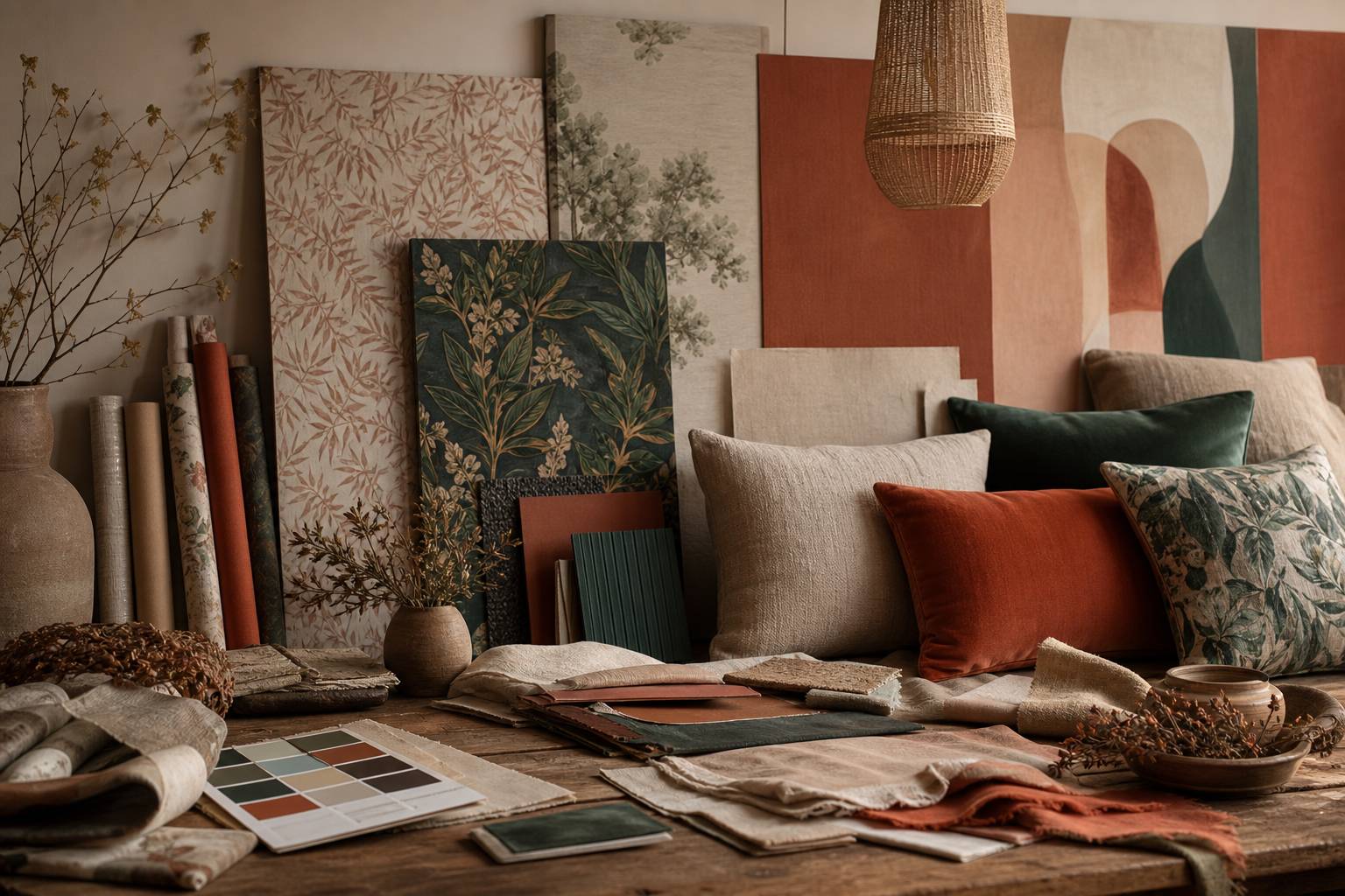 Echantillons papier peint assortis avec coussin et tissu deco ambiance cocooning douce