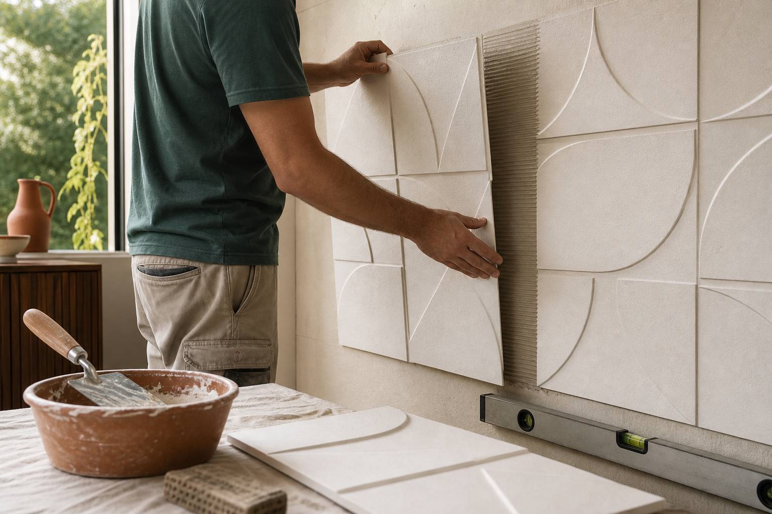 Pose d'un panneau mural 3D décoratif avec colle et niveau dans une pièce lumineuse
