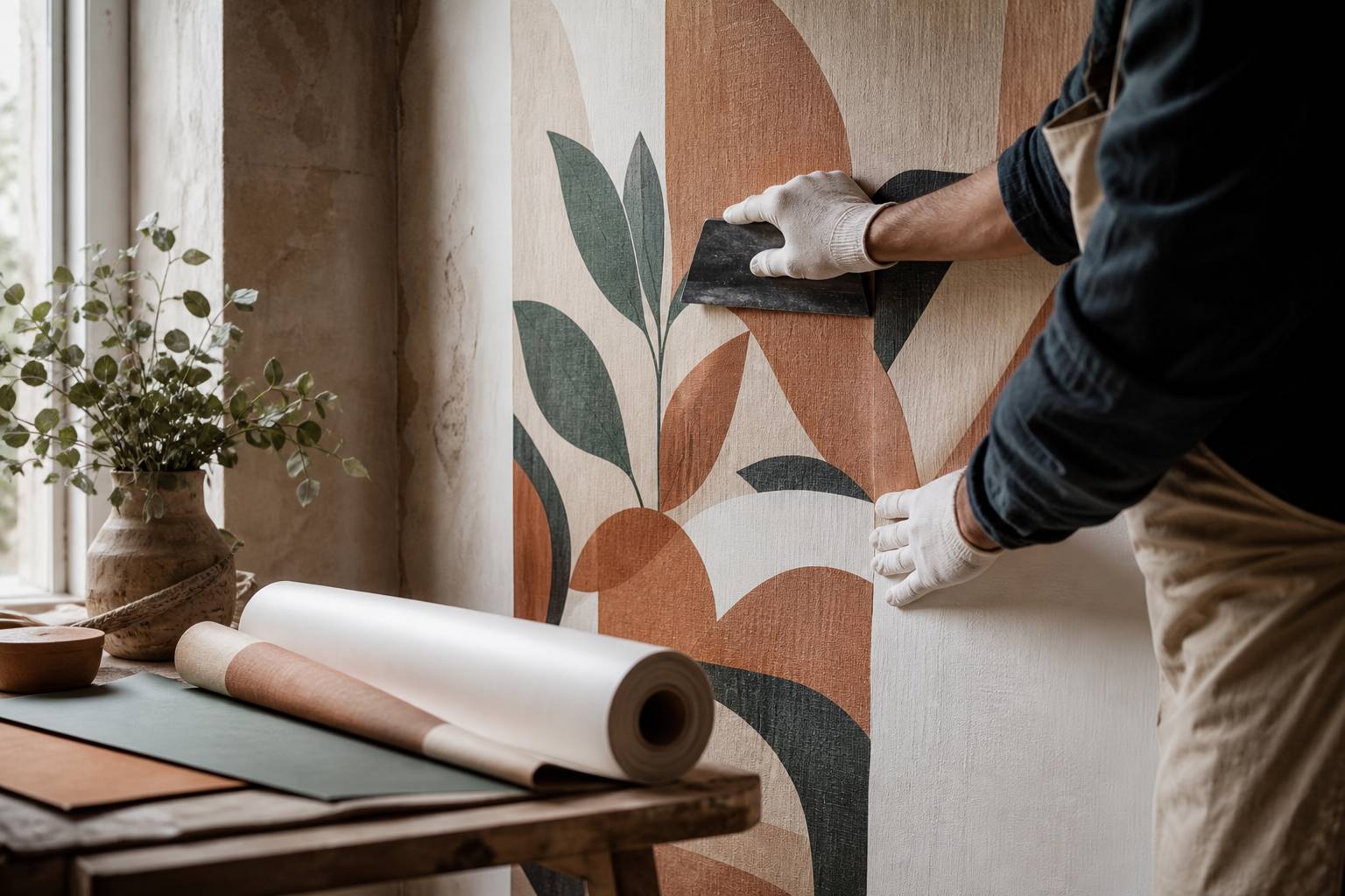 Mains gantées appliquant du papier peint au mur avec une spatule et un rouleau