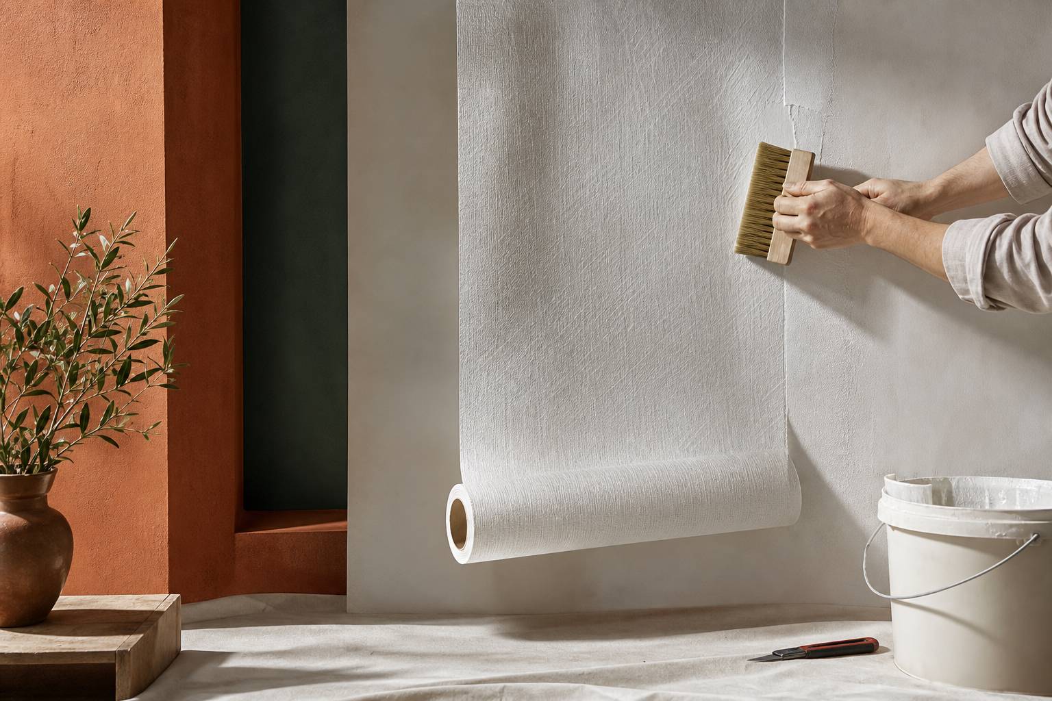 Pose de toile de verre au mur avec brosse à maroufler et seau de colle