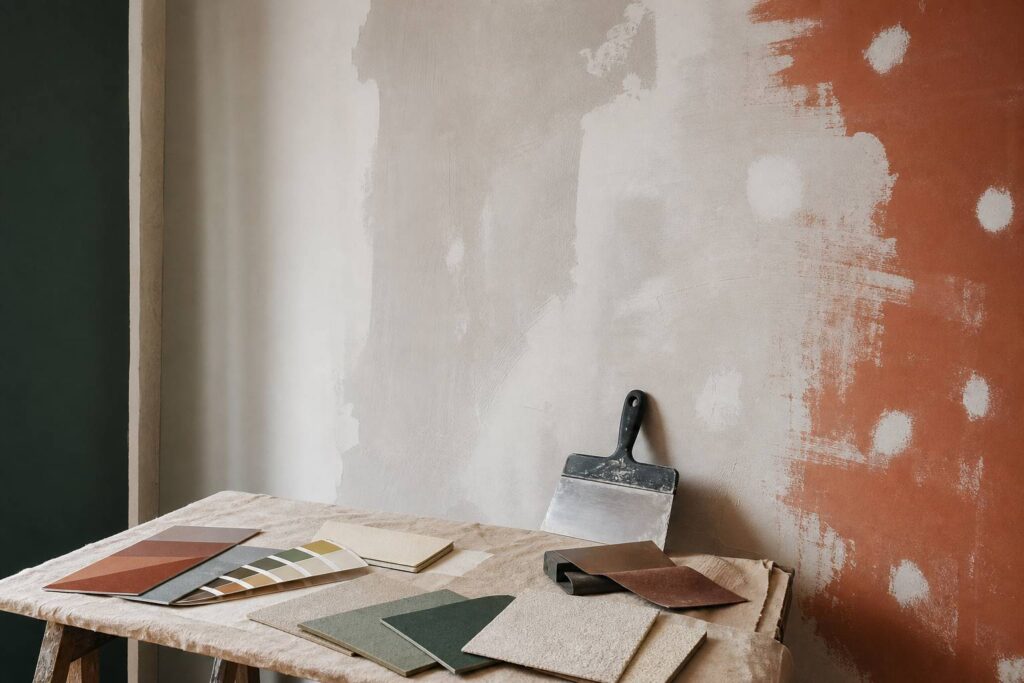 Enduit lissage spatule poncage rebouchage trous sur mur en renovation avant papier peint