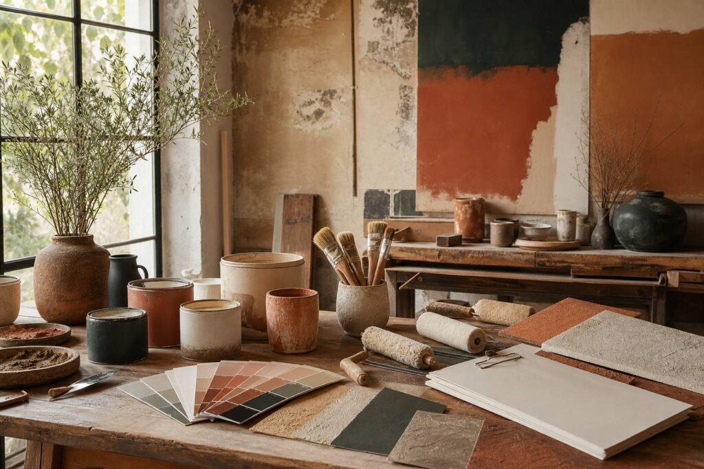 Pots peinture pinceaux nuancier couleurs devis sur table atelier d artisan