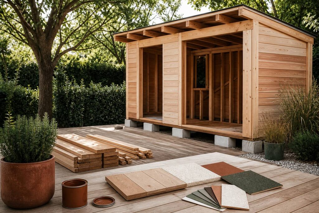 Abri de jardin en bois neuf avec bardage douglas et mélèze posé dans un jardin avec terrasse