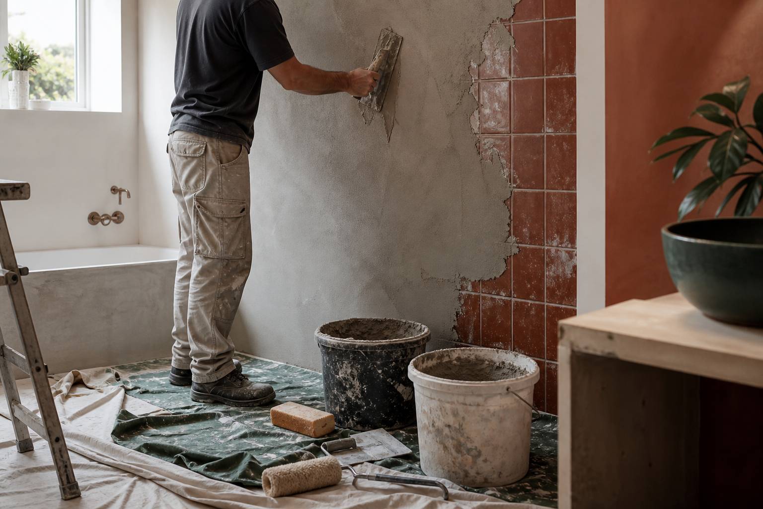 Artisan appliquant du béton ciré sur un mur avec une truelle dans une salle de bains