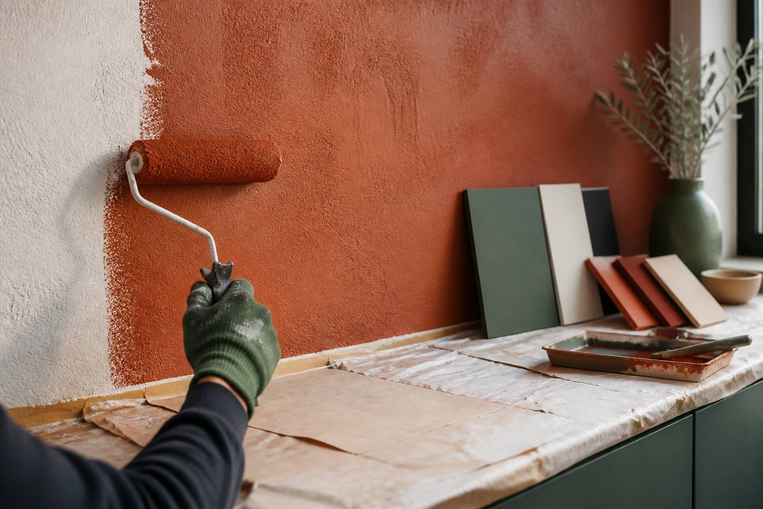 Main gantée peignant un mur de cuisine au rouleau