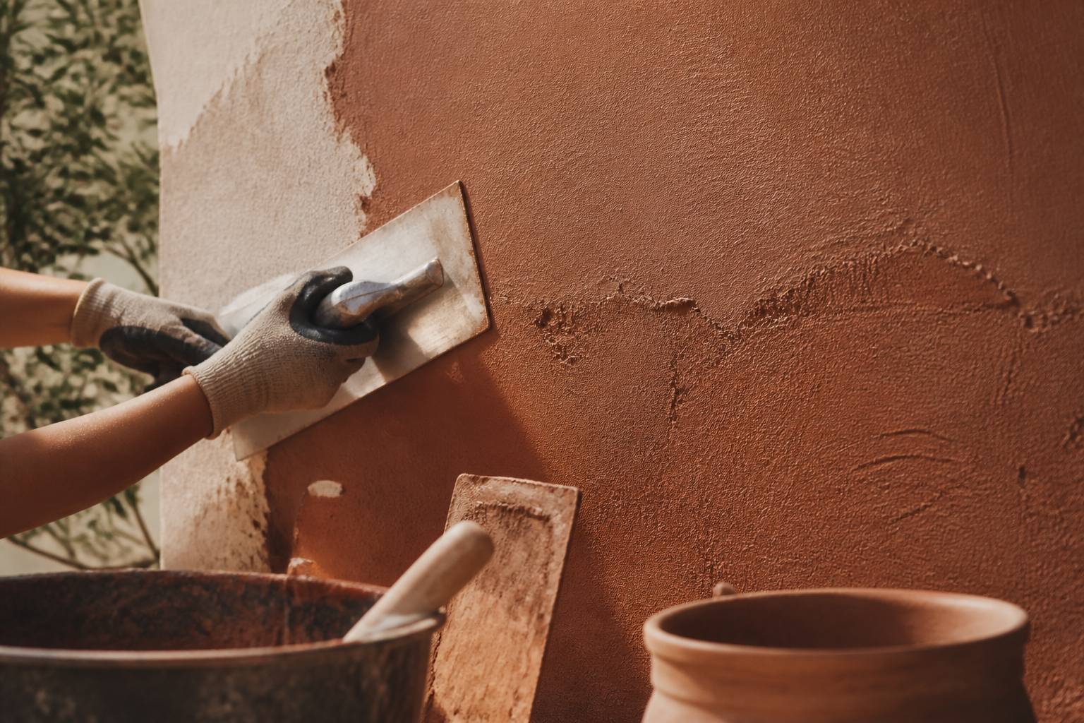 Application d'un ragréage de lissage sur une surface extérieure avec une lisseuse et des seaux