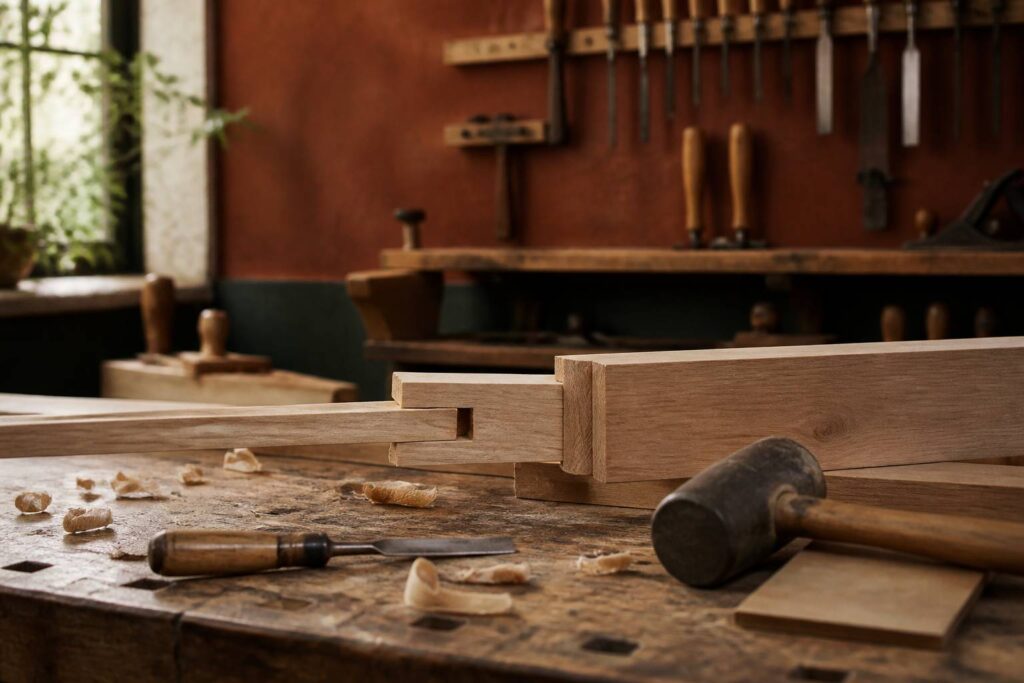 Assemblage tenon-mortaise en bois clair sur un établi de menuisier