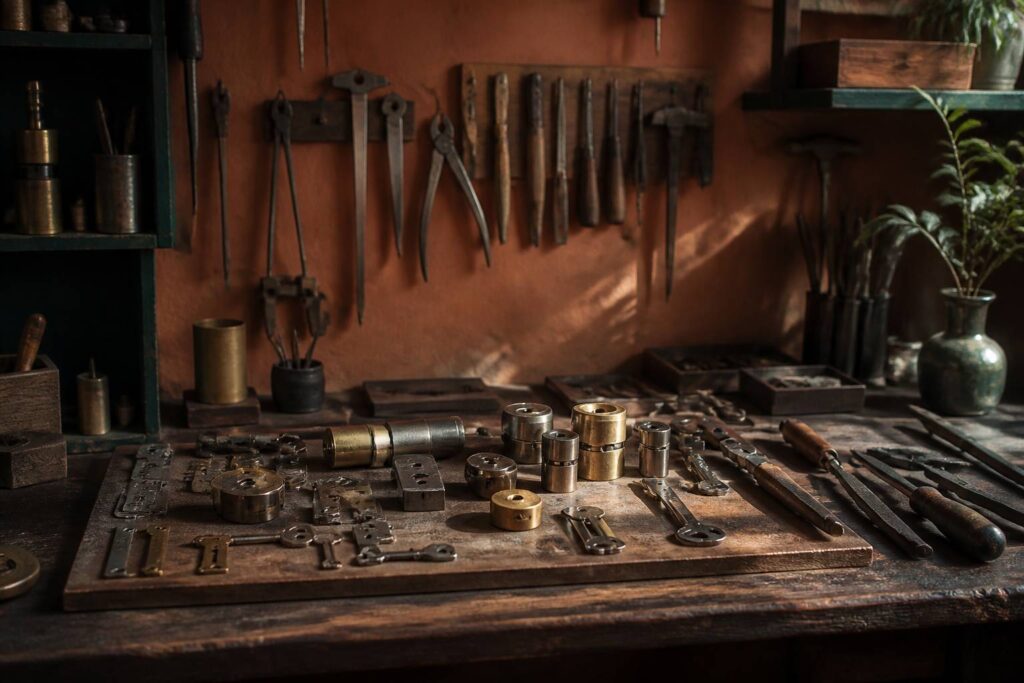 Établi d'artisan serrurier avec serrures, cylindres et clés