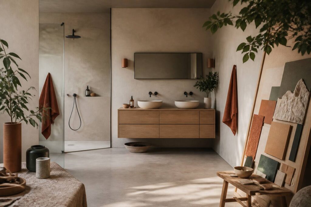 Salle de bains moderne avec murs et sol en béton ciré gris clair et douche à l'italienne