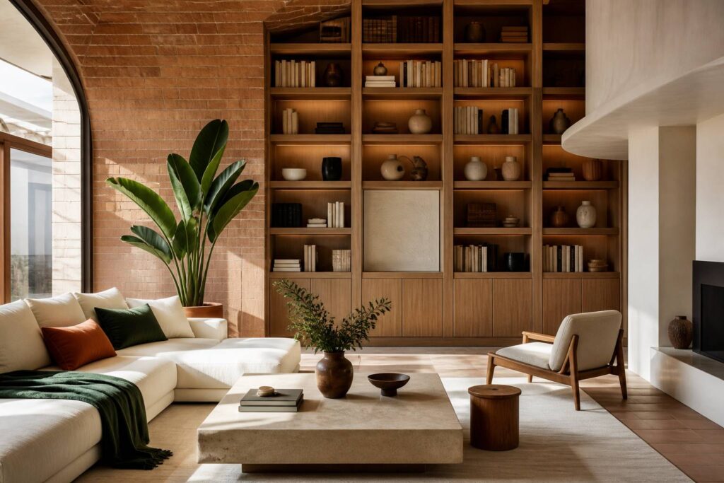 Bibliothèque sur mesure en bois massif du sol au plafond dans un salon