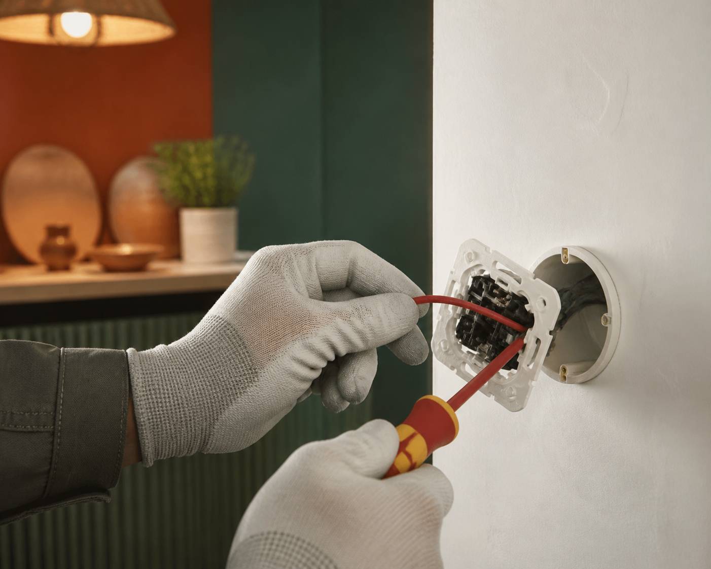 Mains gantées connectant un fil à la borne d'un interrupteur