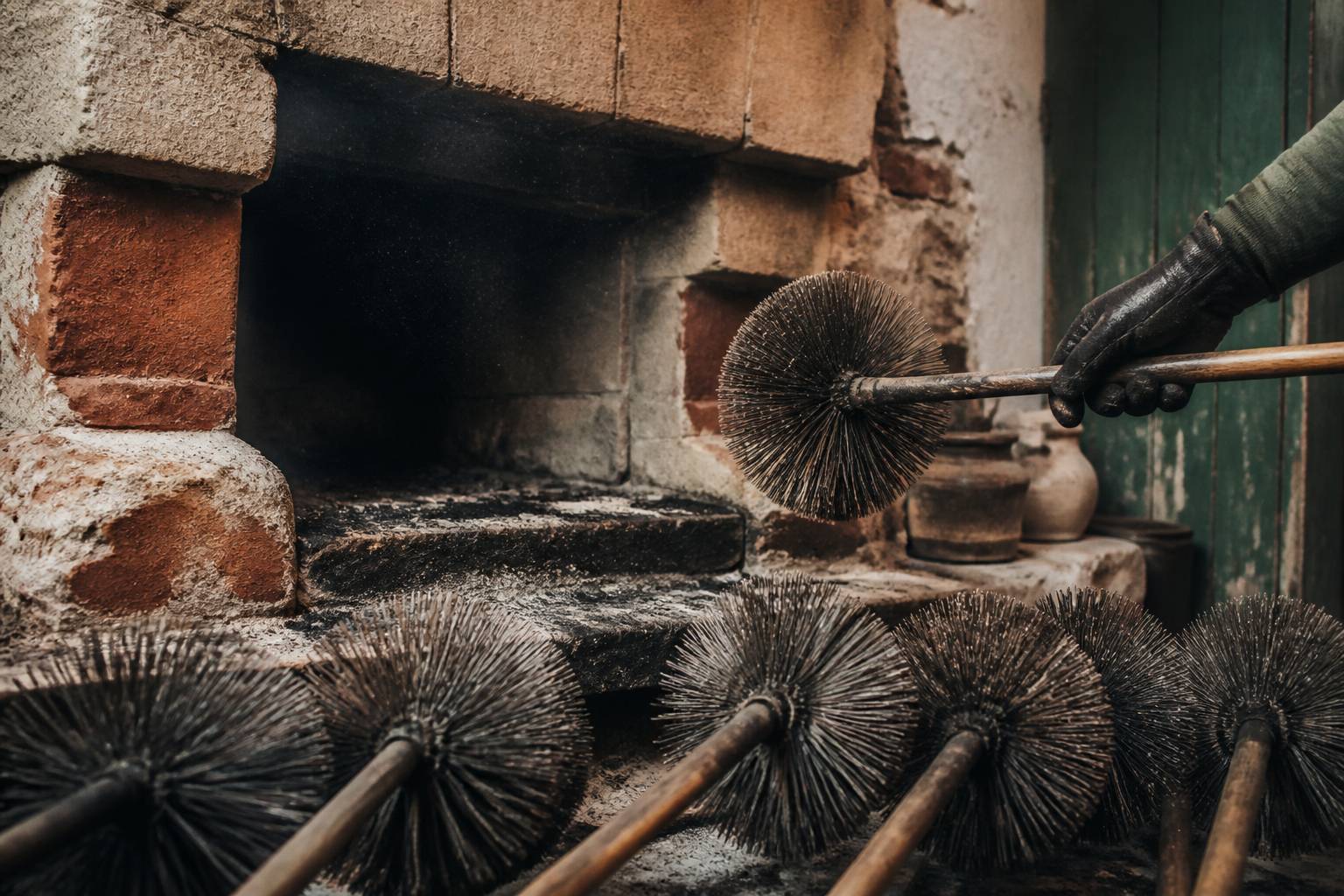Brosses de ramonage métalliques près d'un conduit ouvert
