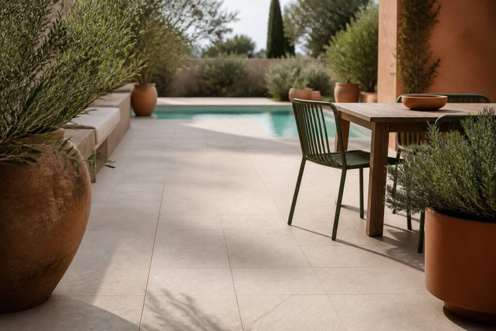 Terrasse avec carrelage antidérapant en grès cérame près d'une piscine