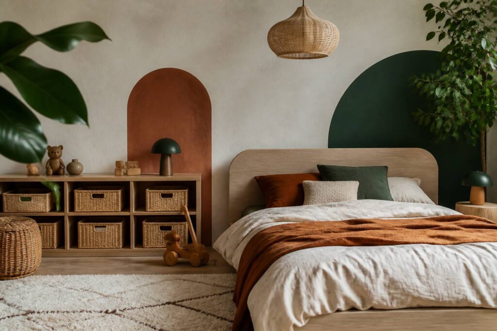 Chambre d'enfant apaisante avec lit en bois clair et mur peint en couleur douce