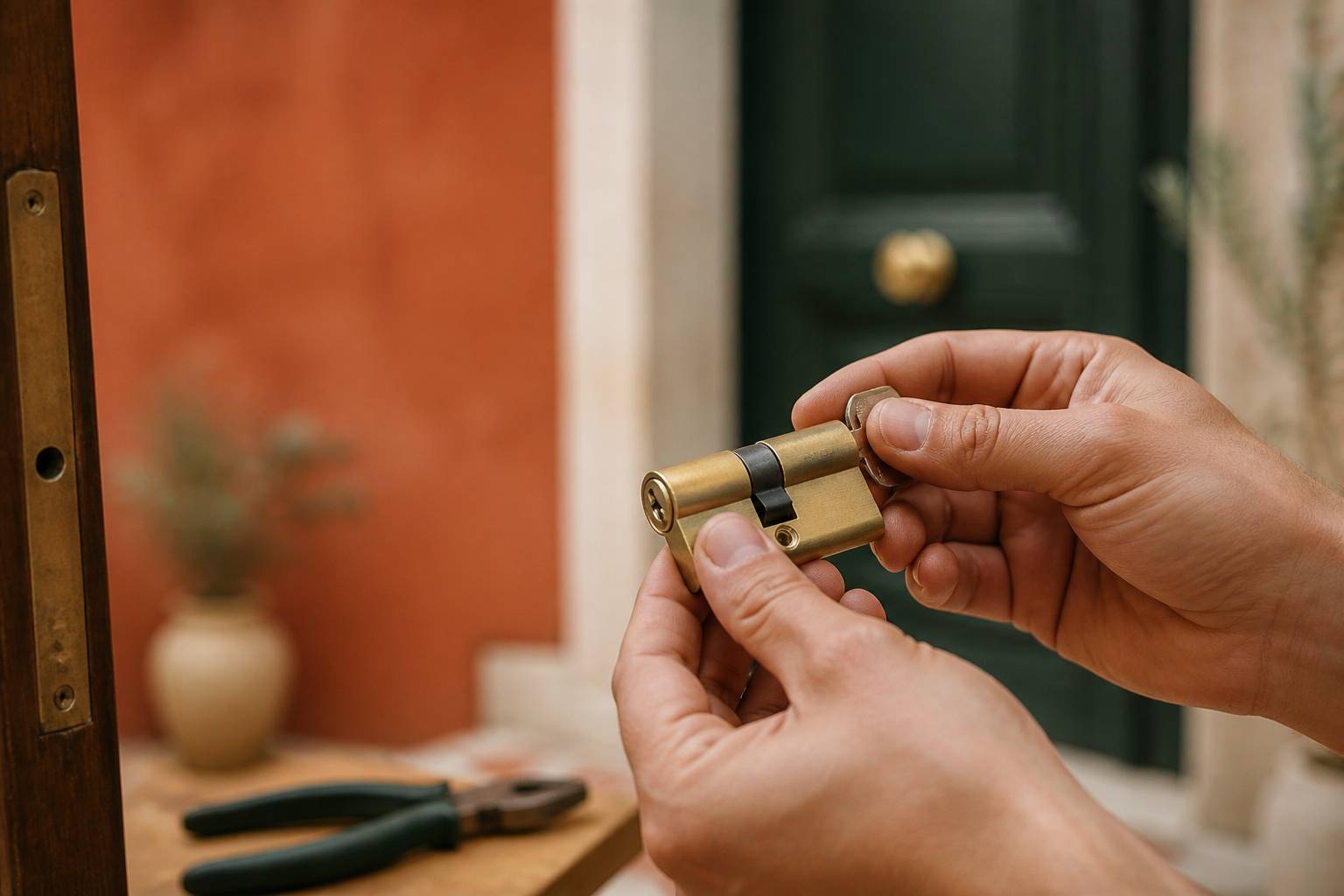 Mains tenant un cylindre de serrure neuf en laiton avec sa clé