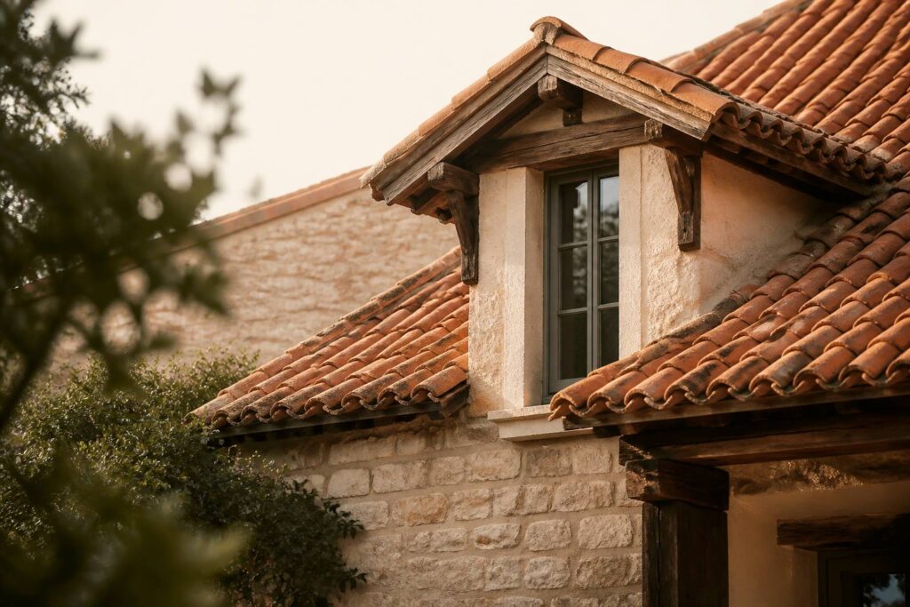 Toiture en tuiles avec un chien-assis en saillie et une fenêtre verticale, maison de campagne