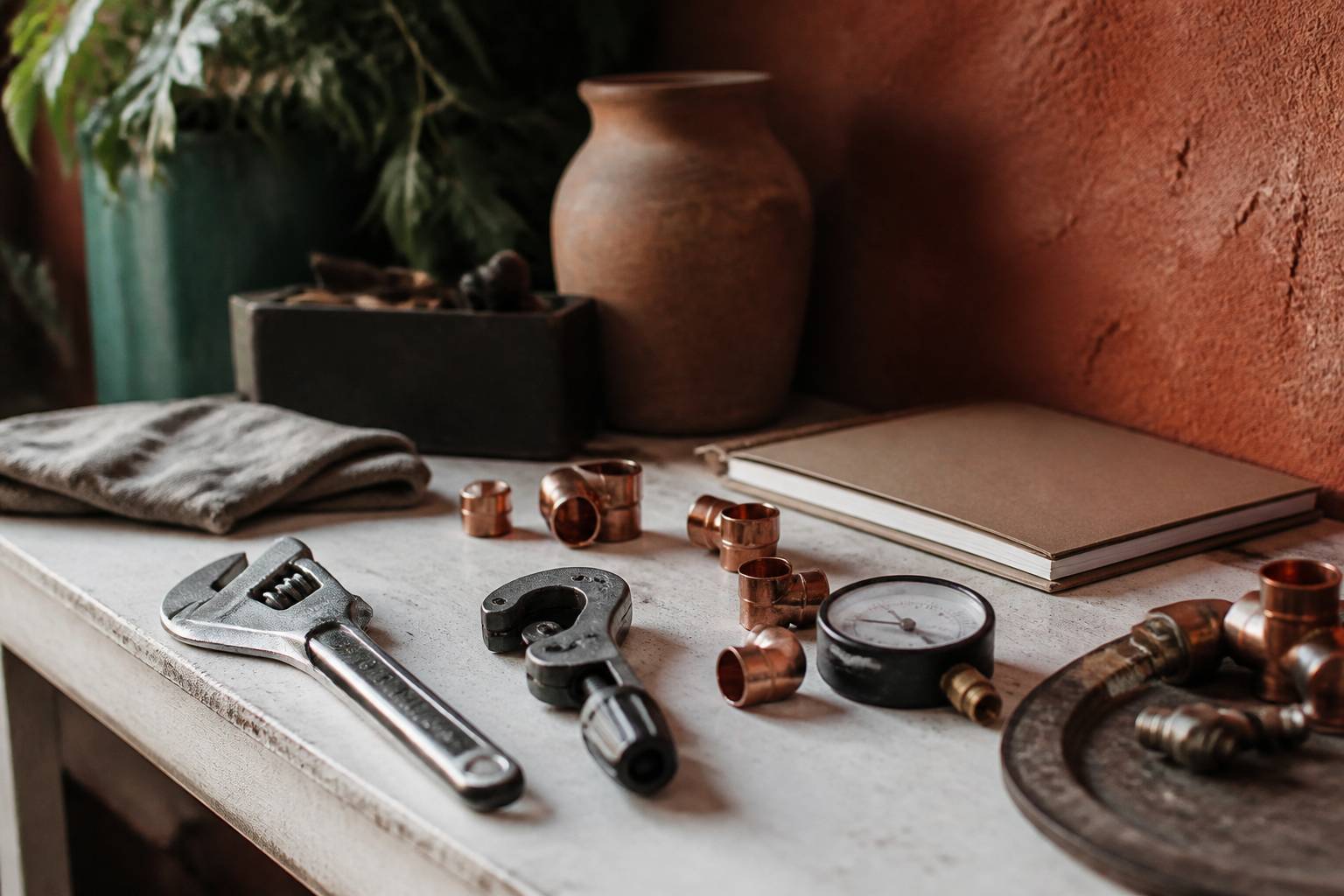 Outils de plomberie et raccords en cuivre sur un établi