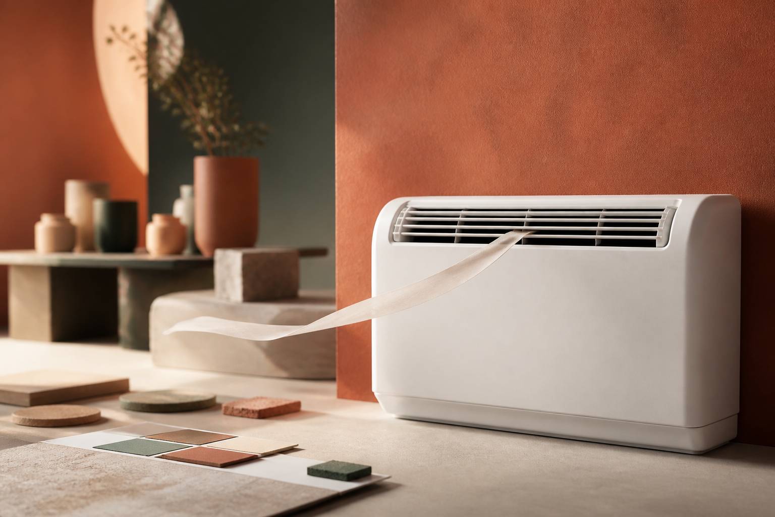 Climatiseur monobloc à la façade blanche épurée avec grilles d'aération et flux d'air suggéré