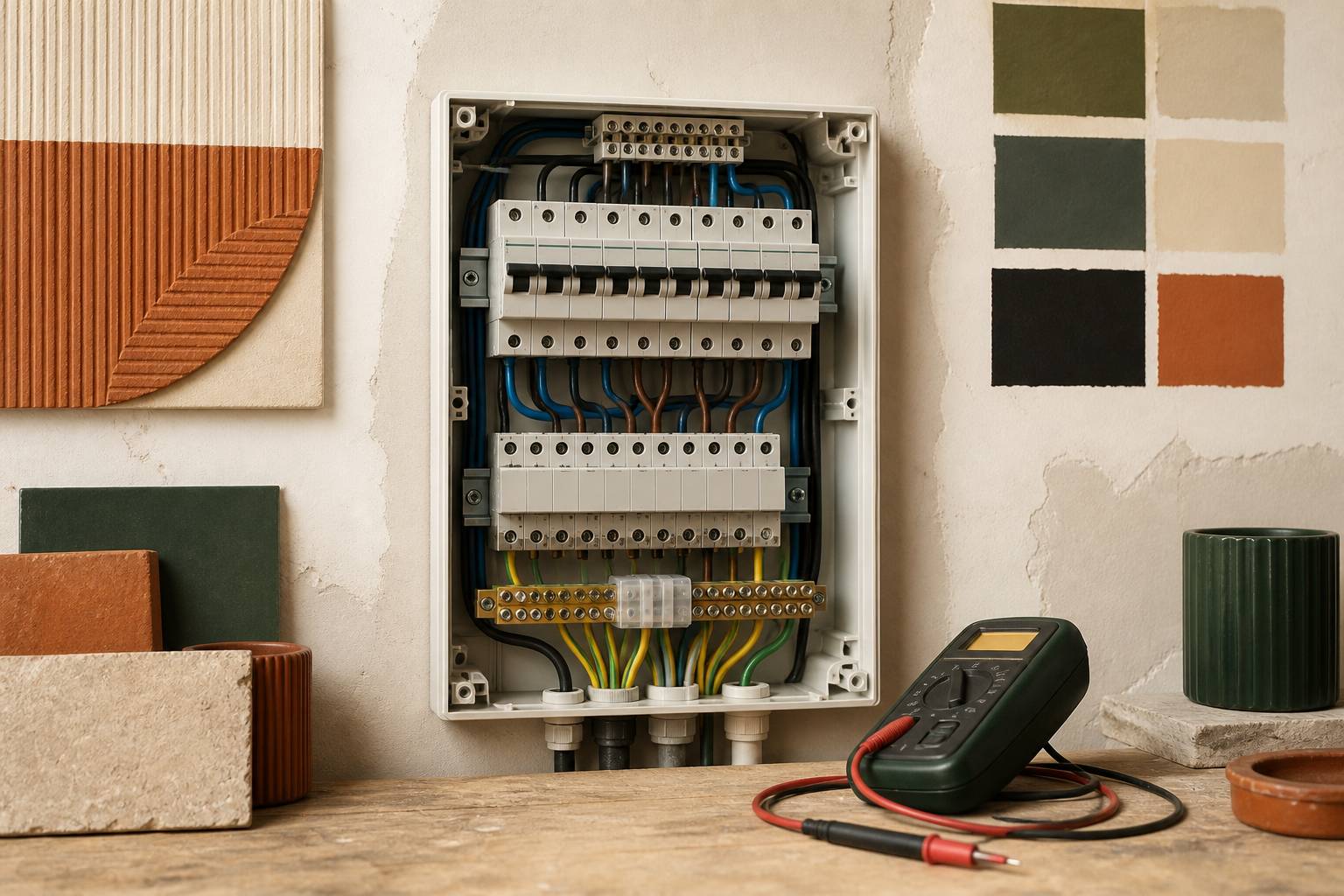 Conducteur de terre vert-jaune et serre-câble dans un tableau électrique ouvert