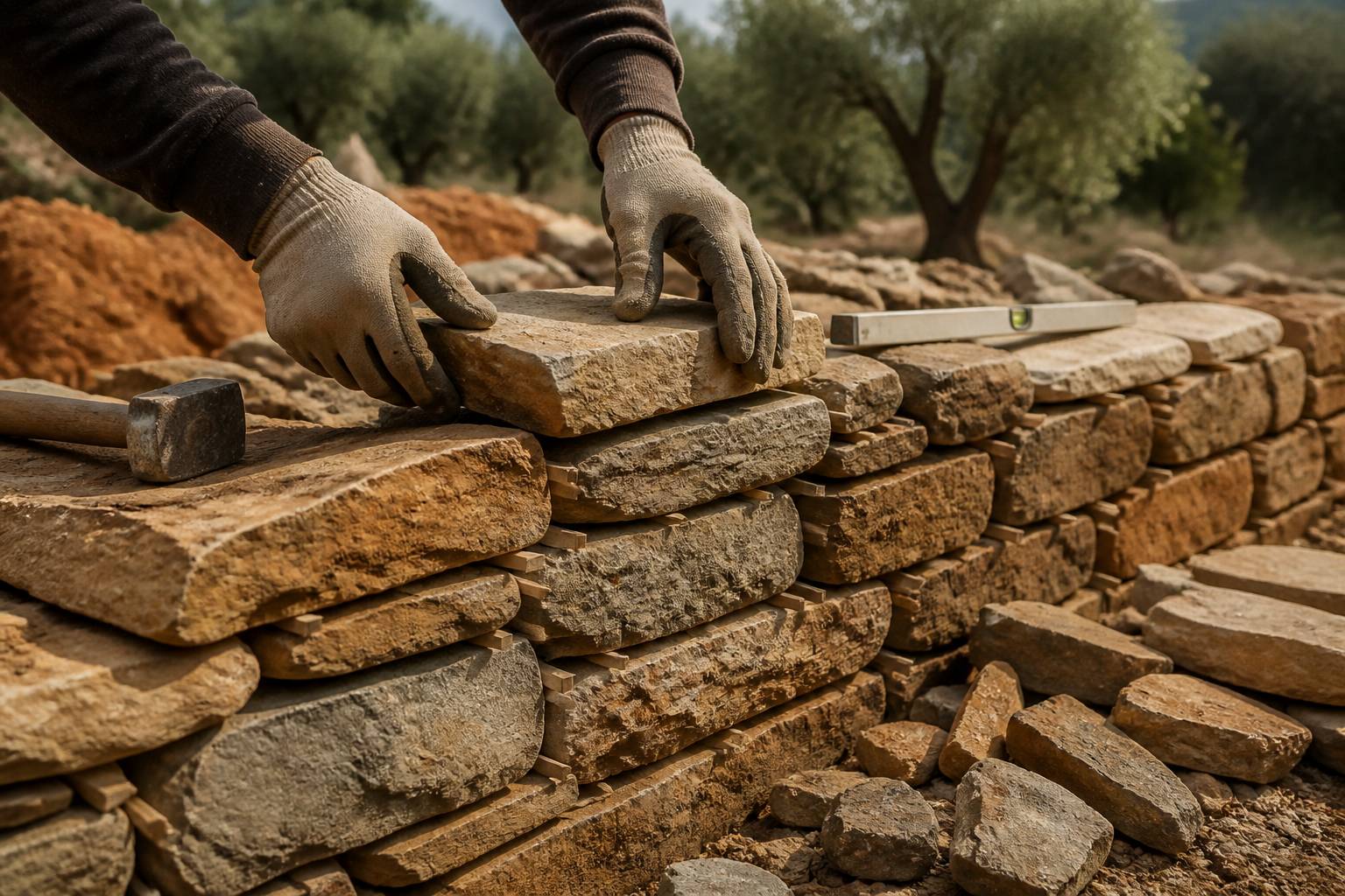 Mains posant des pierres plates lors de la construction d'un muret