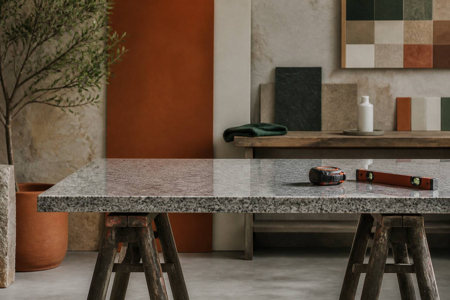 Dalle de granit poli en cours de pose avec outils de mesure