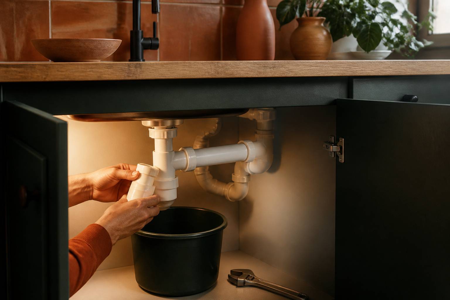 Mains démontant un siphon sous un évier avec une clé à molette