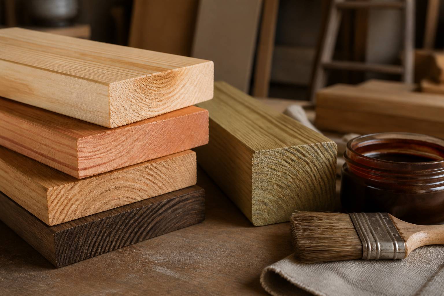 Échantillons de bois pour abri de jardin posés sur un établi avec pot de lasure et pinceau