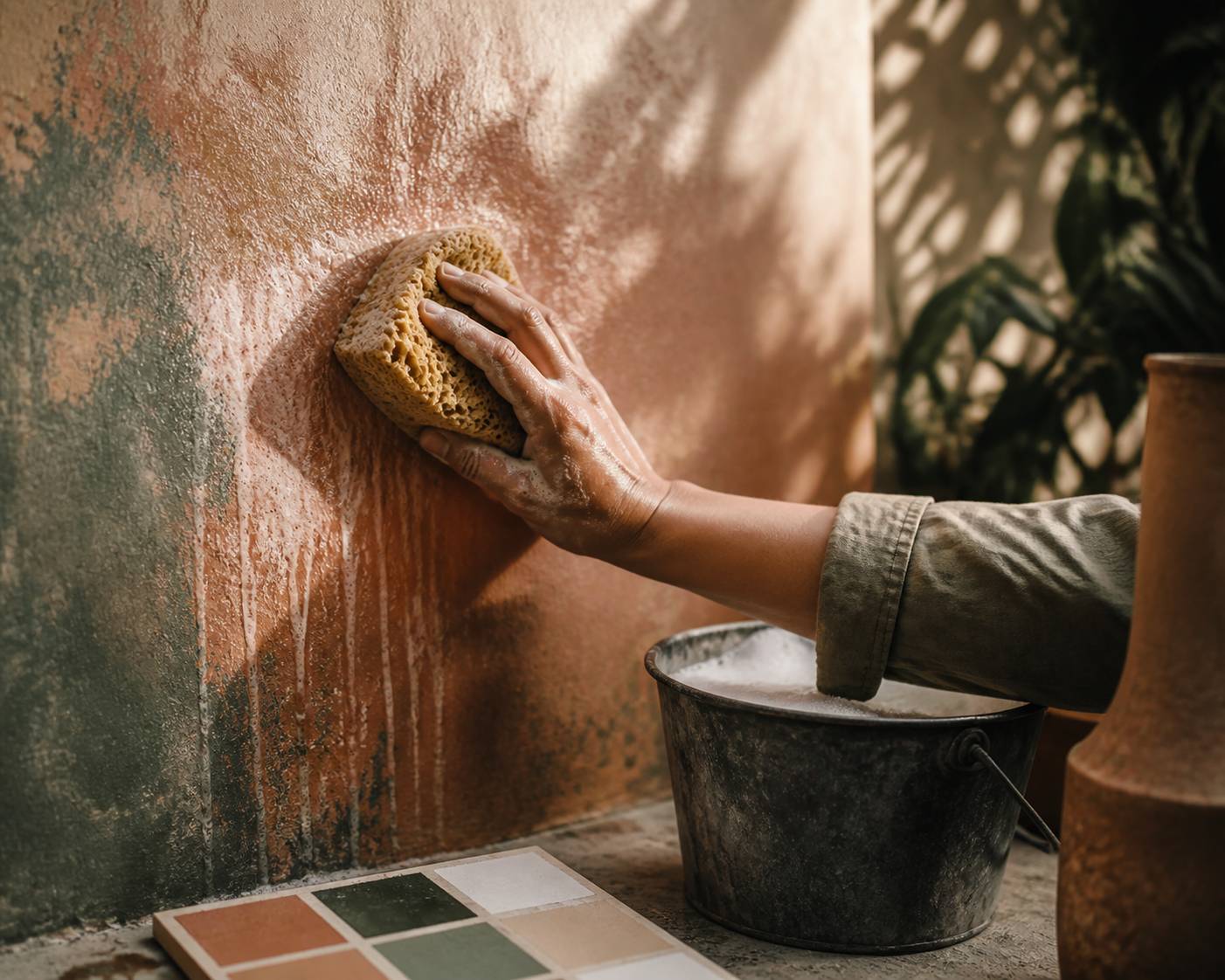 Main tenant une éponge nettoyant un mur avec de la mousse savonneuse