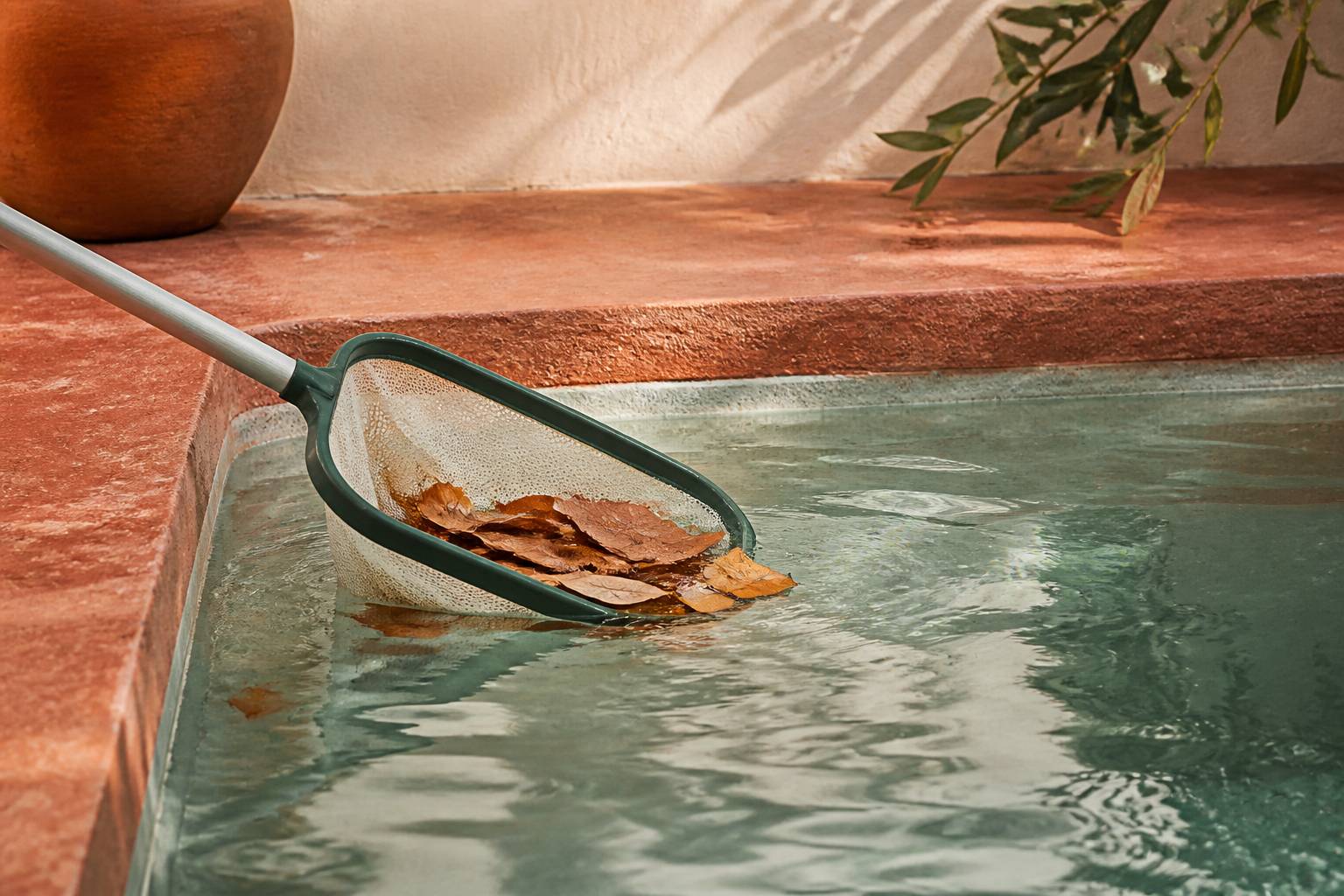 Épuisette ramassant des feuilles à la surface d'une piscine avec eau claire