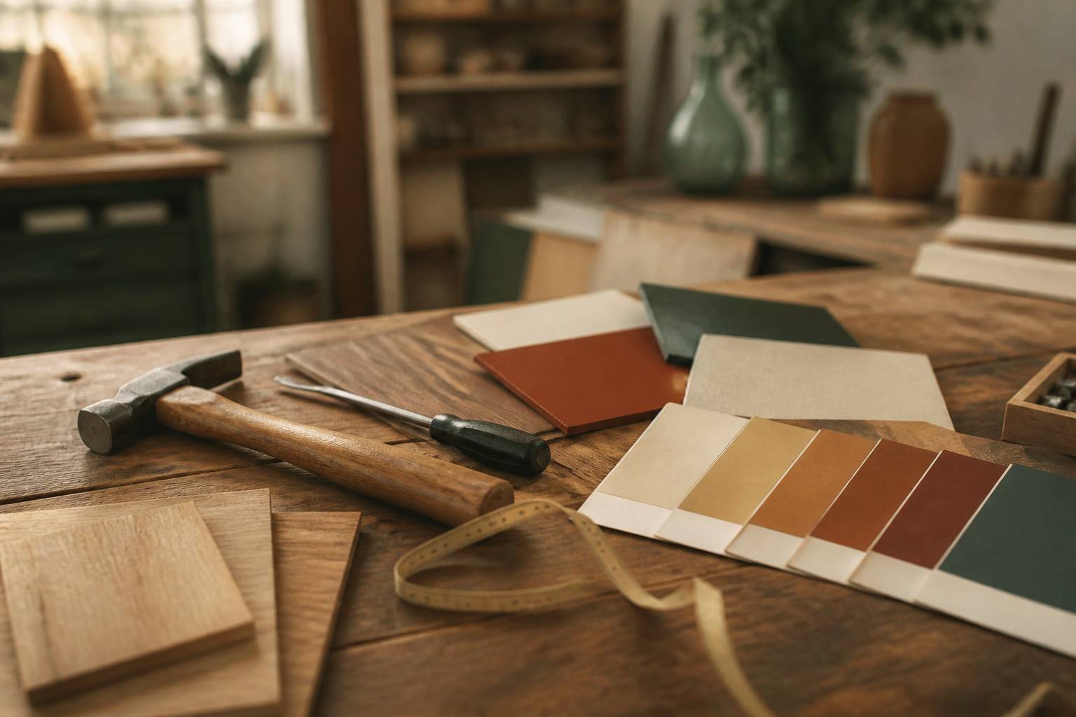 Établi de bricolage avec outils et échantillons de matériaux posés dessus