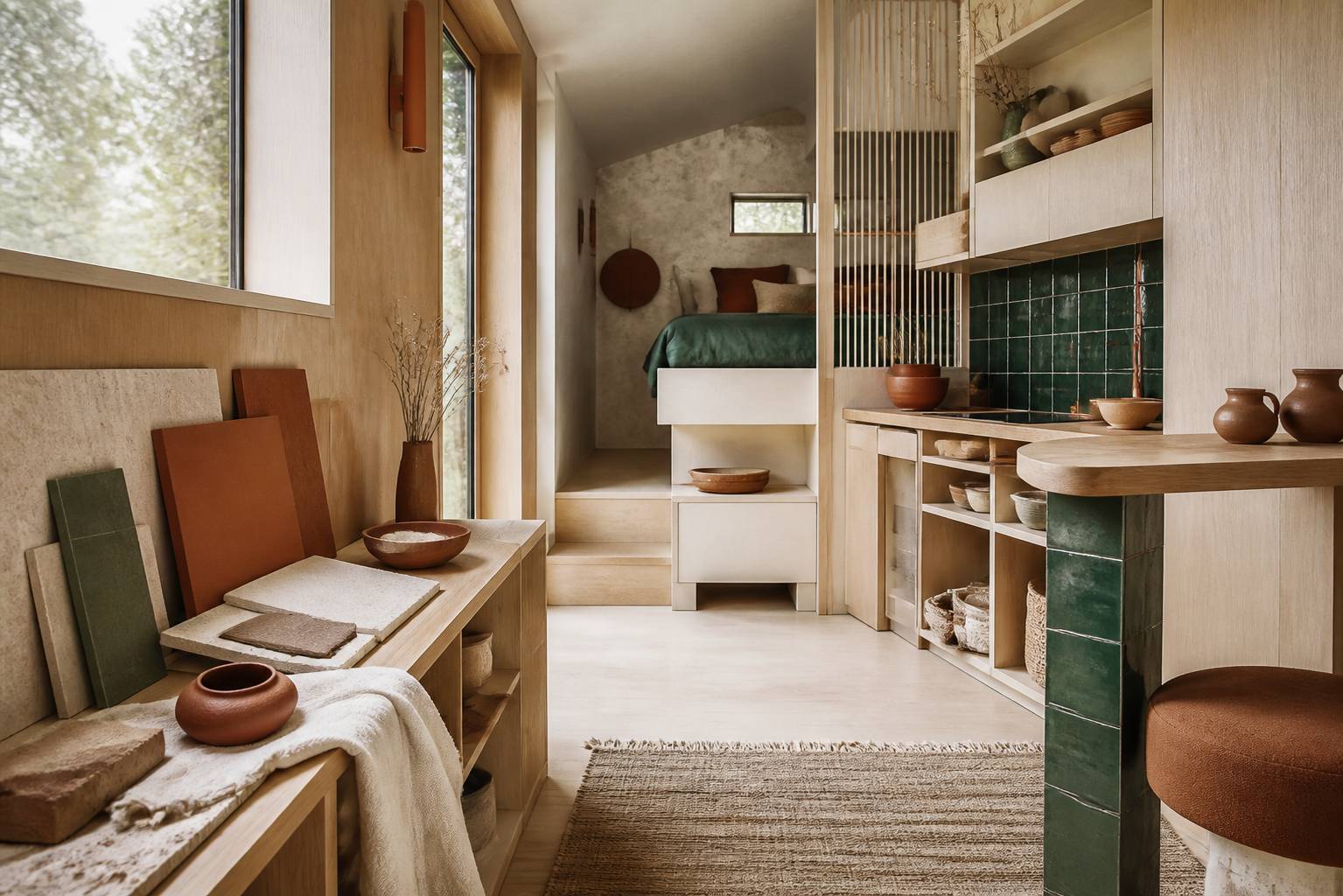Intérieur lumineux en bois clair d'une tiny house compacte