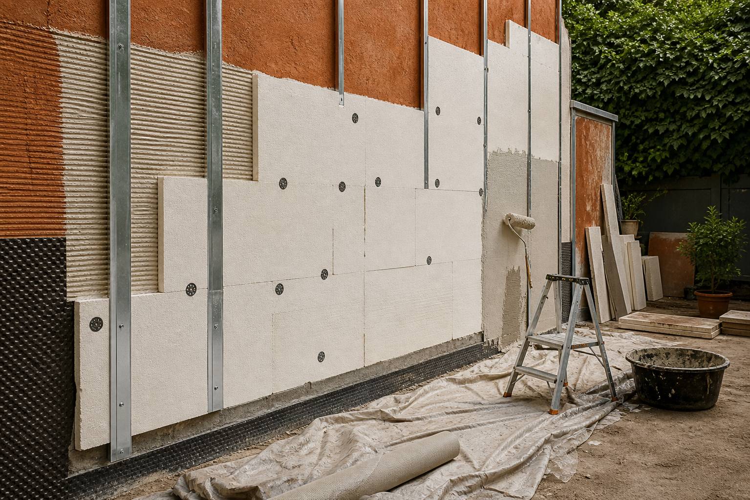 Panneaux isolants posés sur une façade avec rails de fixation