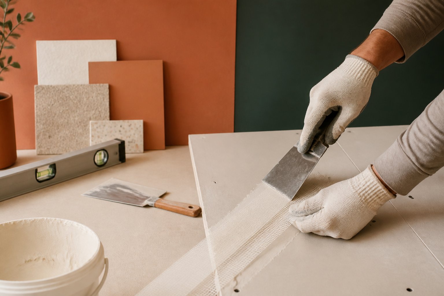 Mains gantées appliquant une bande à joint sur une plaque de plâtre avec une spatule