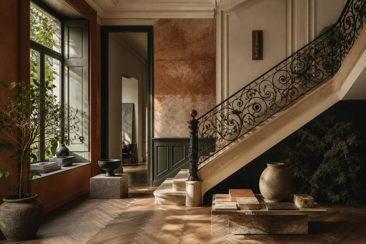Escalier en pierre et bois d'une maison de maître aux hauts plafonds