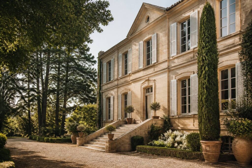 Façade en pierre d'une maison de maître avec hautes fenêtres et perron