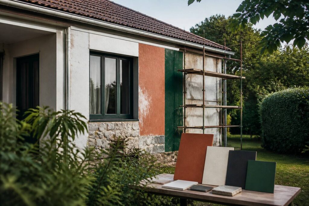 Pavillon préfabriqué des années 1980 avec échafaudage en vue de rénovation