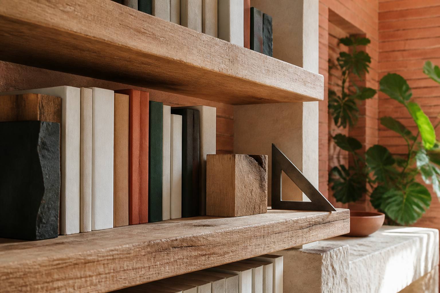 Étagères en bois massif avec livres et échantillon de bois