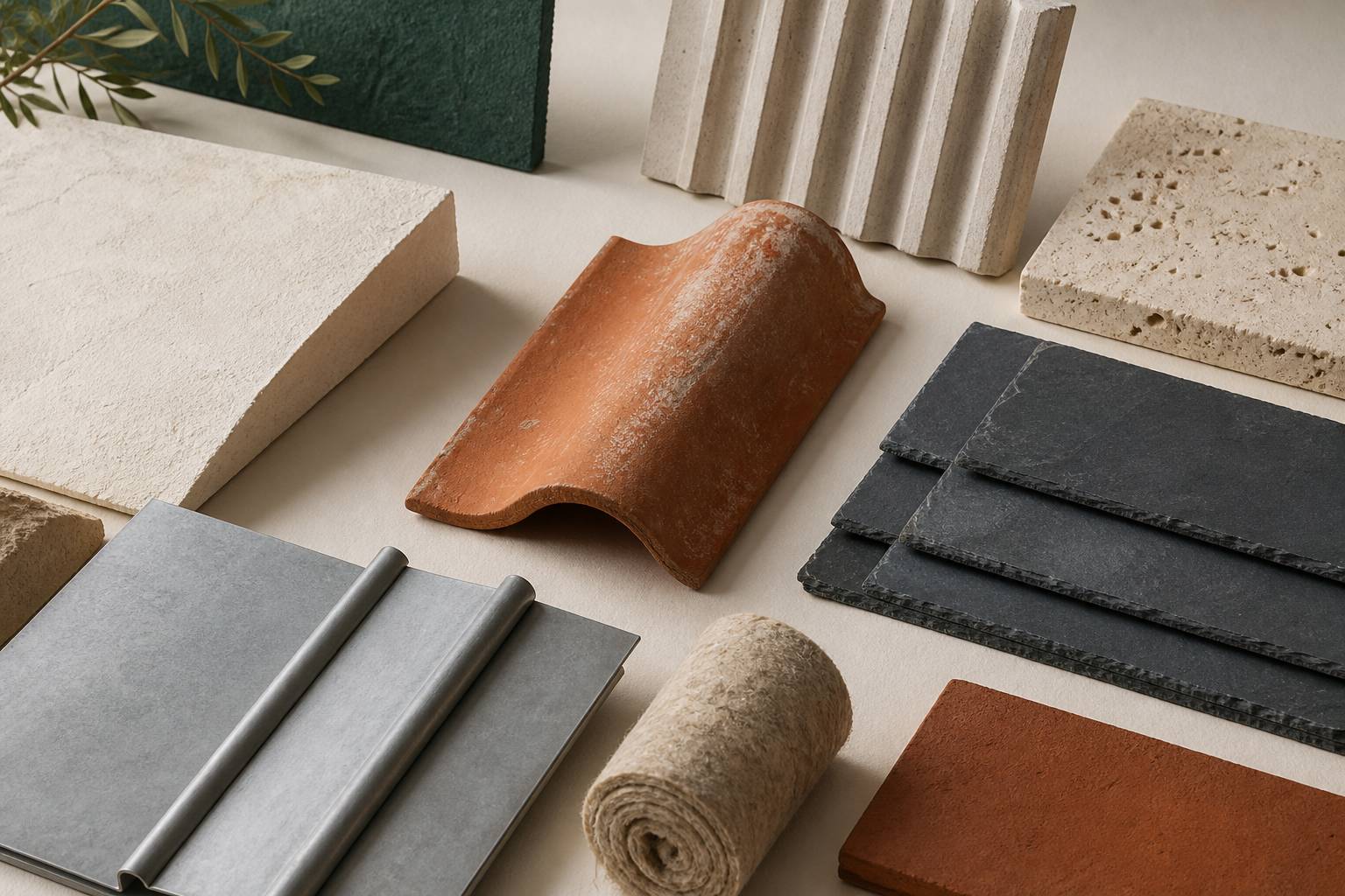 Échantillons de matériaux de toiture, tuiles en terre cuite, ardoises et zinc disposés en nuancier sur fond crème