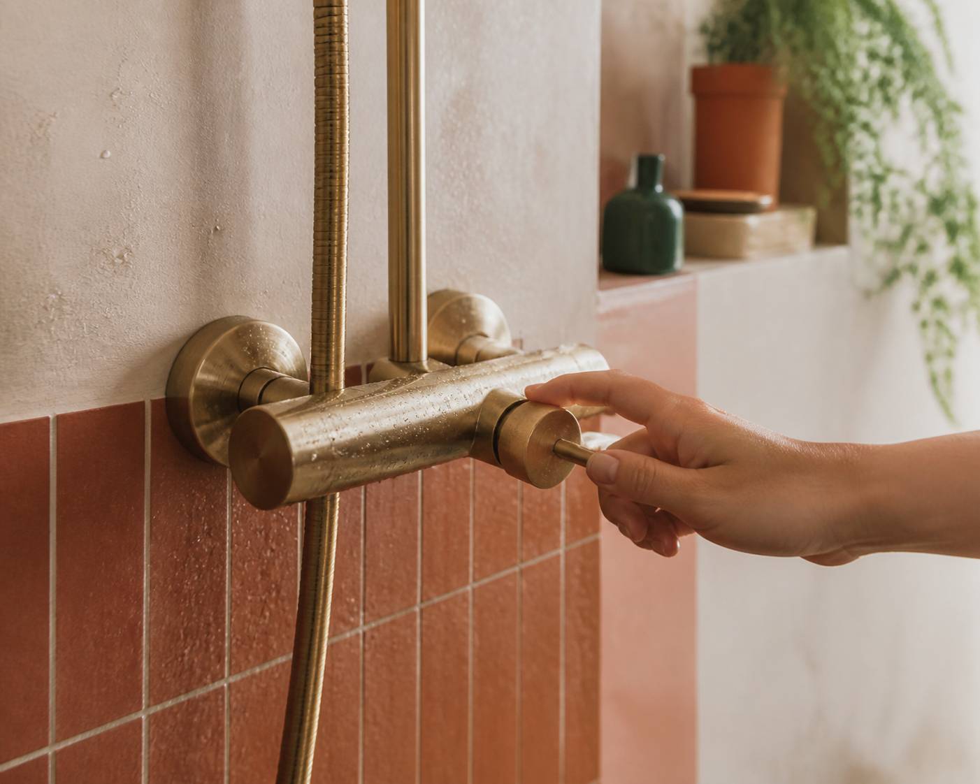 Main tournant la poignée d'un mitigeur de douche en laiton