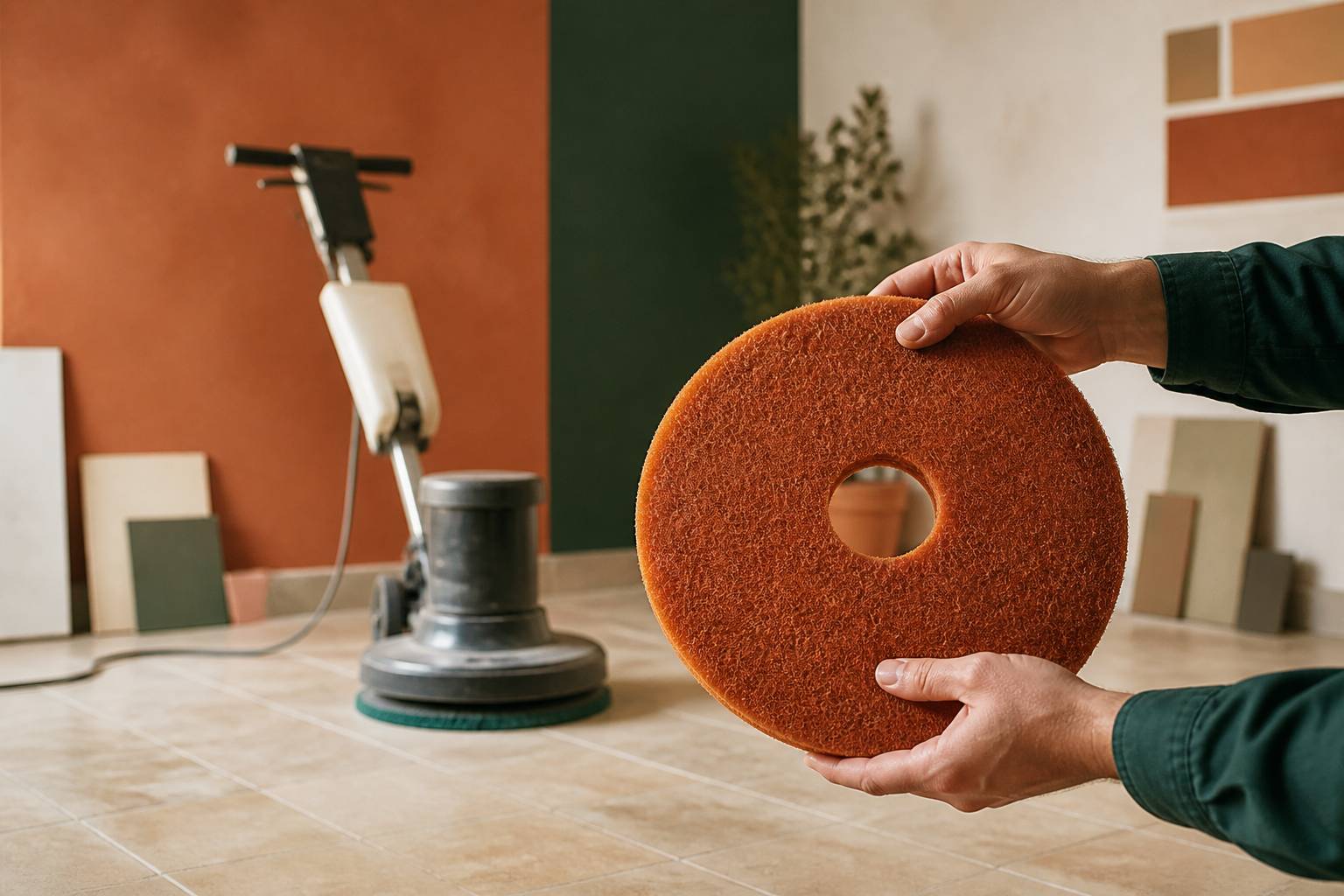 Mains tenant un disque de monobrosse coloré près de la machine