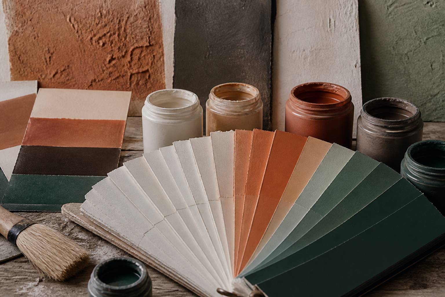 Nuancier de peinture ouvert avec des échantillons du blanc cassé au terracotta