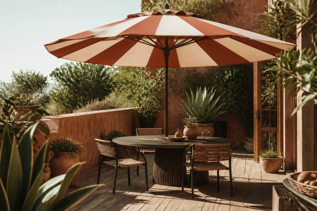 Grand parasol ouvert au-dessus d'une table de jardin sur une terrasse