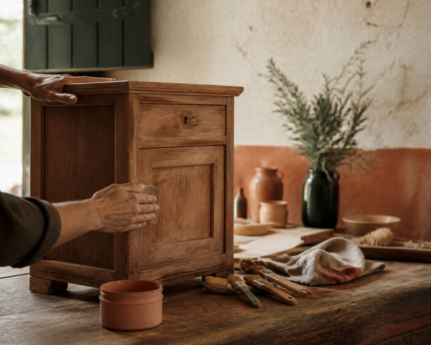 Mains ponçant un meuble en bois avec de la peinture pastel à côté