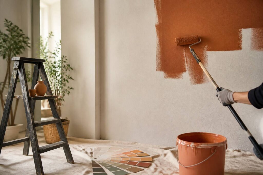 Peintre appliquant de la peinture sur un mur intérieur avec un rouleau à perche