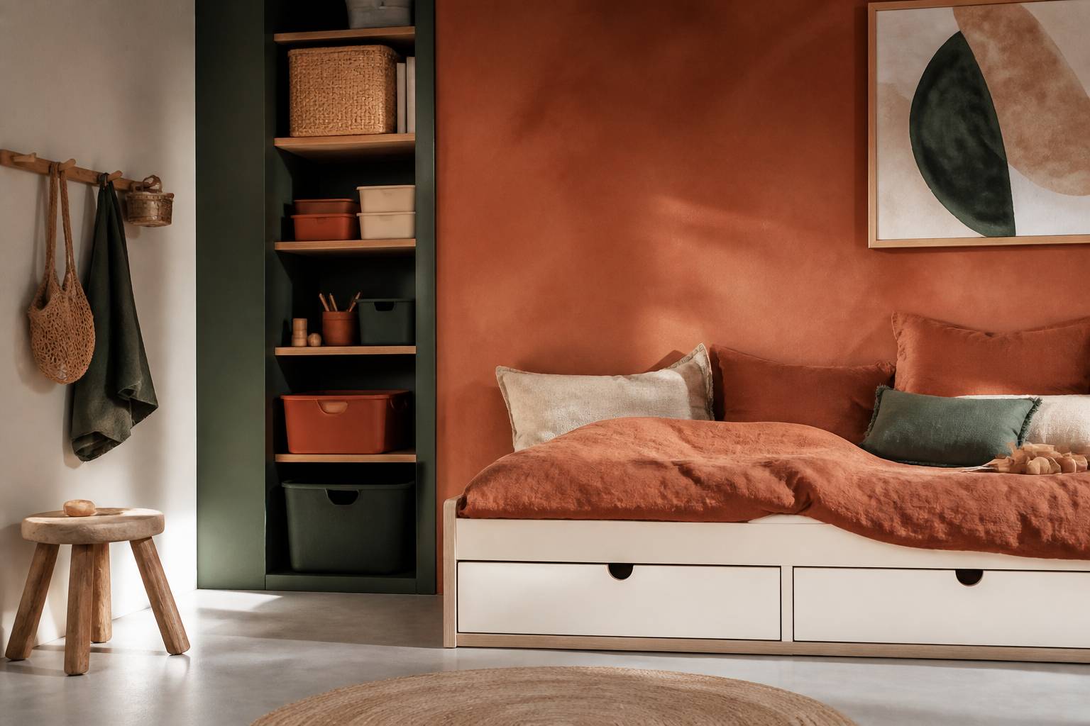 Petite chambre d'enfant optimisée avec rangement vertical et lit à tiroirs