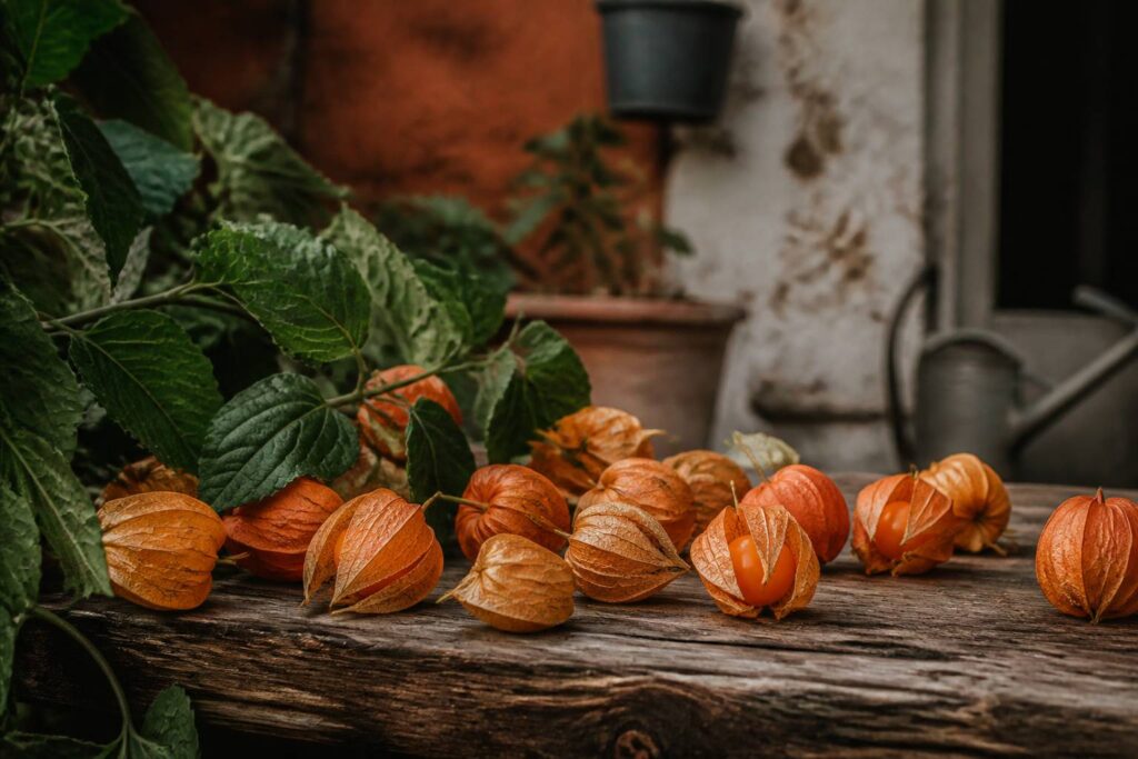 Physalis mûrs en lanterne orange posés sur une planche en bois